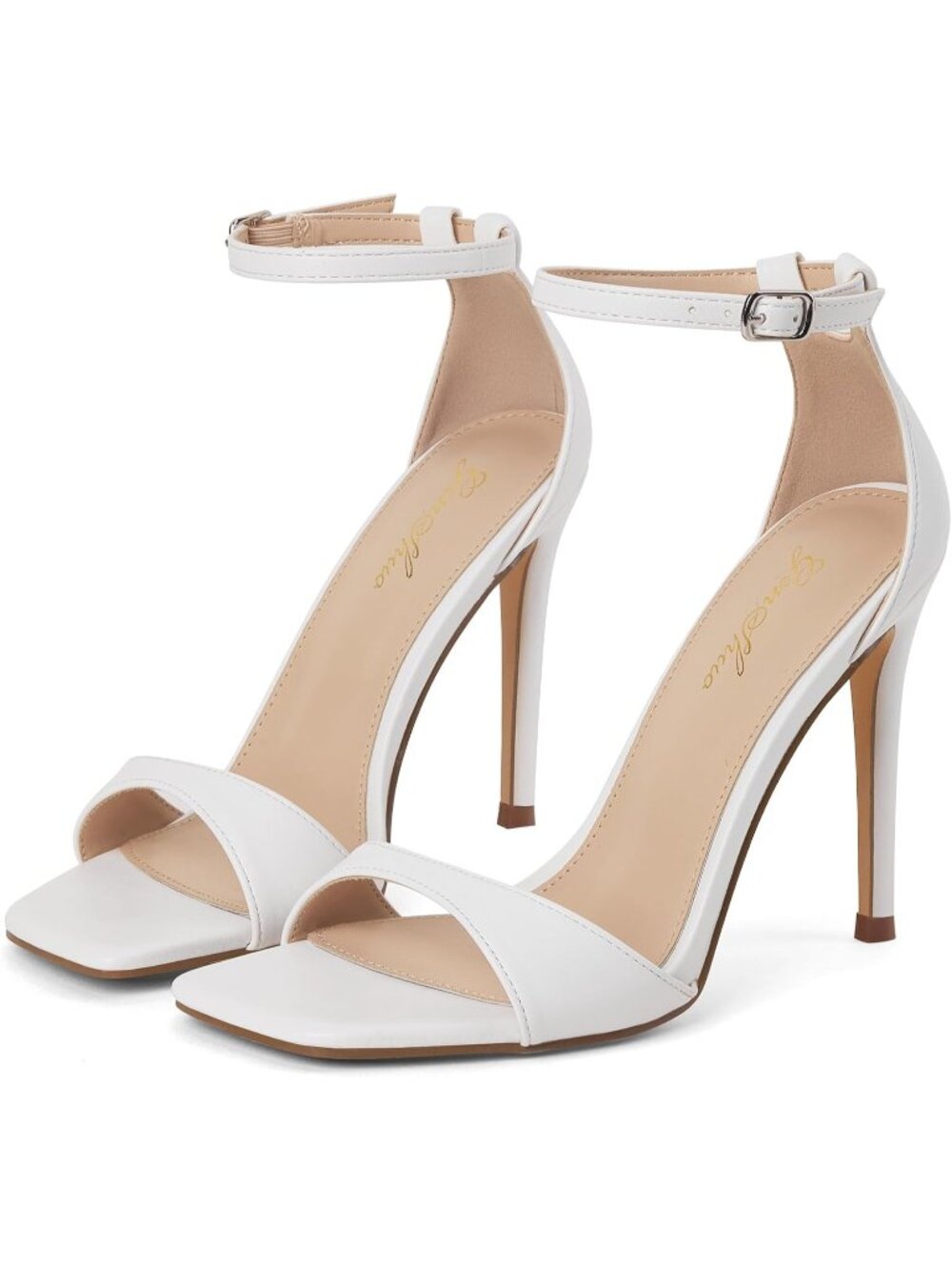 Women's Solid White 4 Inch Stiletto Ankle Strap Square Open Sexy Heeled Sandal
